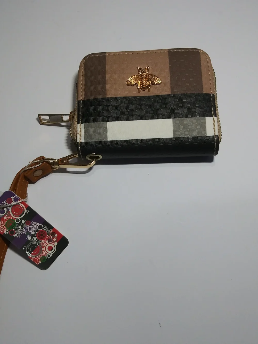 Striped Multicolor Wristlet Clutch with Gold Bee Accent